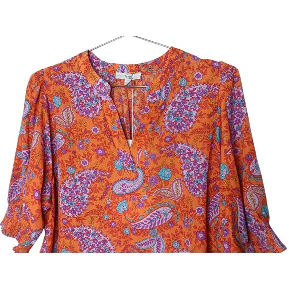 New Easel Boho Floral Paisley Blouse Orange Pink Blue Top 3/4 SleeveSize Small - Picture 5 of 10